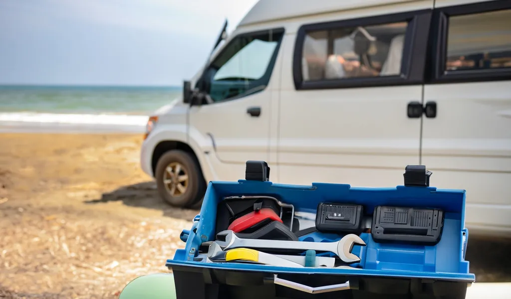Basic toolbox of van conversion with a blurred out van in the background