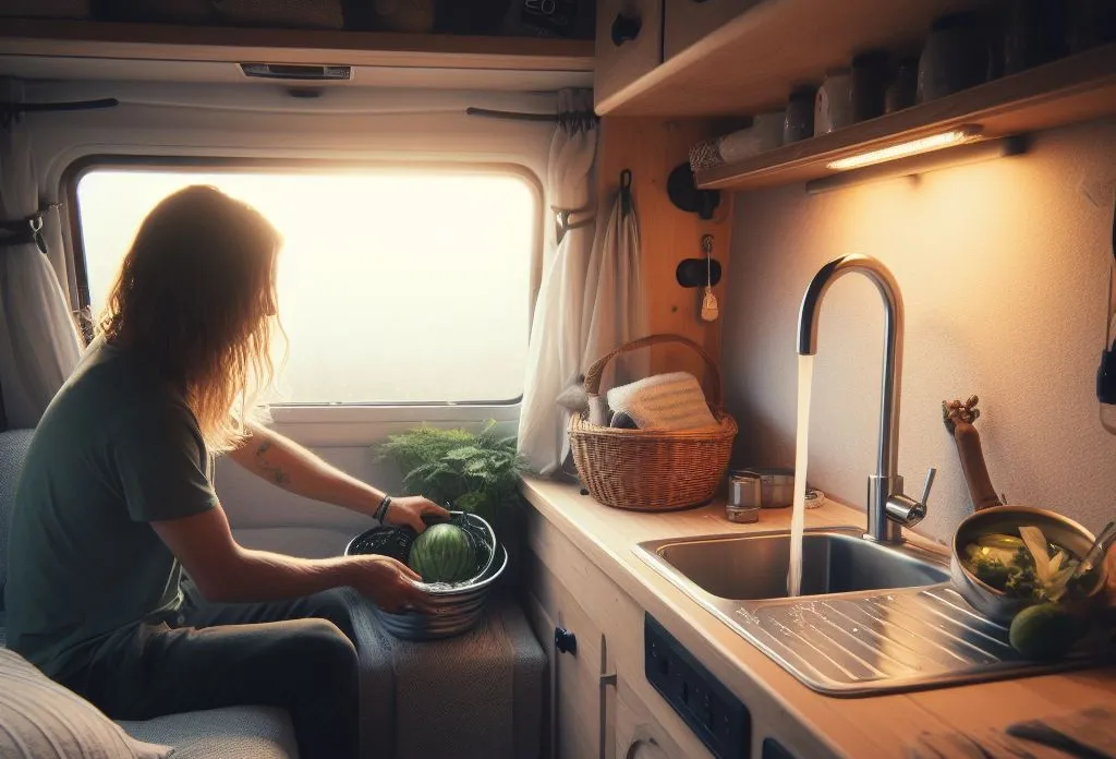Water running from a faucet down into a sink in a campervan